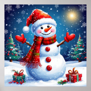 Cheerful Snowman Wearing a Santa Hat Poster
