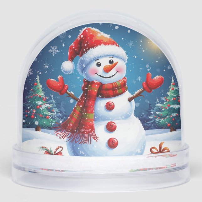 Cheerful Snowman Wearing a Santa Hat Snowglobe (Front)