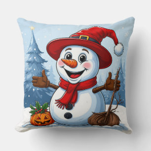 Cheerful Snowman Wearing a Santa Hat Throw Pillow