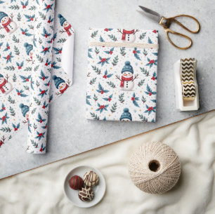 Cheerful Snowman & Winter Foliage Pattern Wrapping Paper