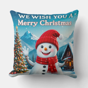 Cheerful Snowman Wishing a Merry Christmas Throw Pillow