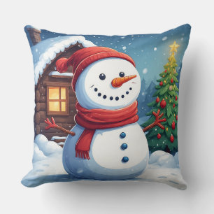 Cheerful Snowman with Christmas Tree Throw Pillow