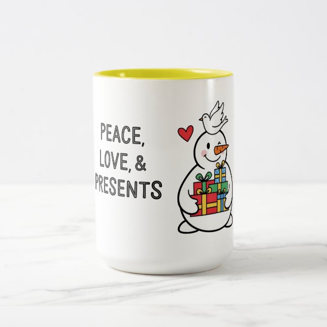 Cheerful Snowman with Gifts Two-Tone Coffee Mug (Center)