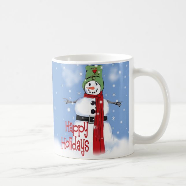 Cheerful Snowman with Hat and Red Scarf Snow Art  Coffee Mug (Right)