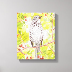Cheerful Song Thrush in spring yellows and greens Canvas Print