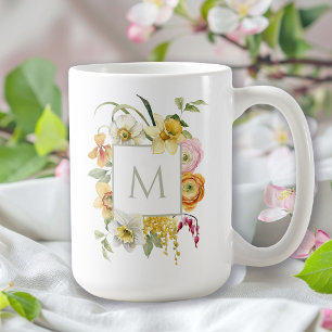 Cheerful Spring Blooms Watercolor Floral Monogram Coffee Mug