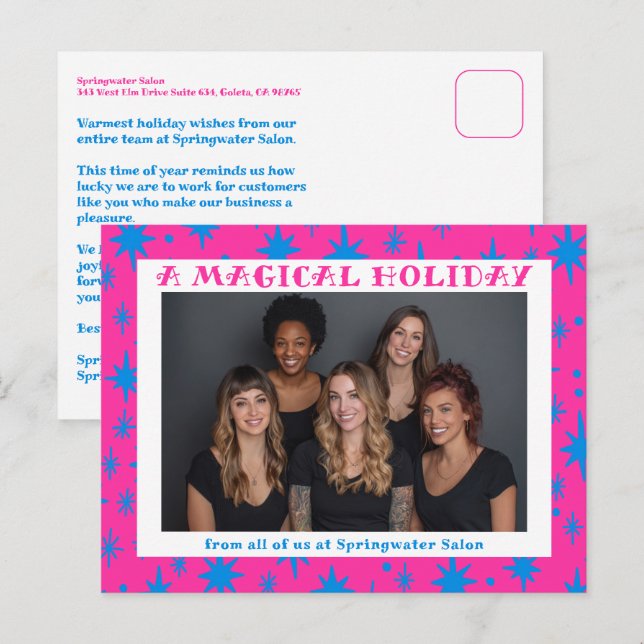 Cheerful Stars Pink Blue Christmas Custom Business Holiday Postcard (Front/Back)