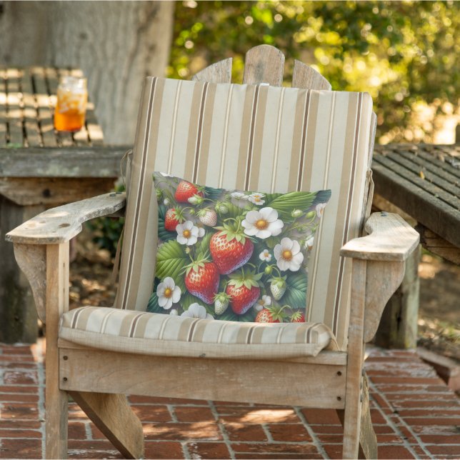 Cheerful Strawberries and Green Leaves  Outdoor Pillow (Chair)