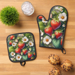 Cheerful Strawberry Red Berry Oven Mitt & Pot Holder Set