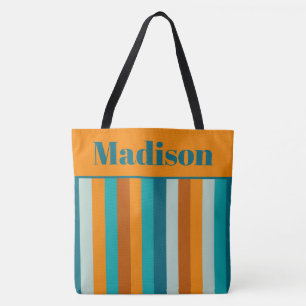 Cheerful Stripe Pattern Orange Aqua Personalized Tote Bag
