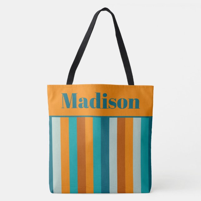 Cheerful Stripe Pattern Orange Aqua Personalized Tote Bag (Front)