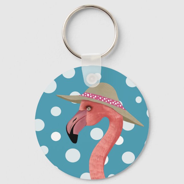 Cheerful Summer Flamingo Blue Polka Dot Summer Hat Keychain (Back)
