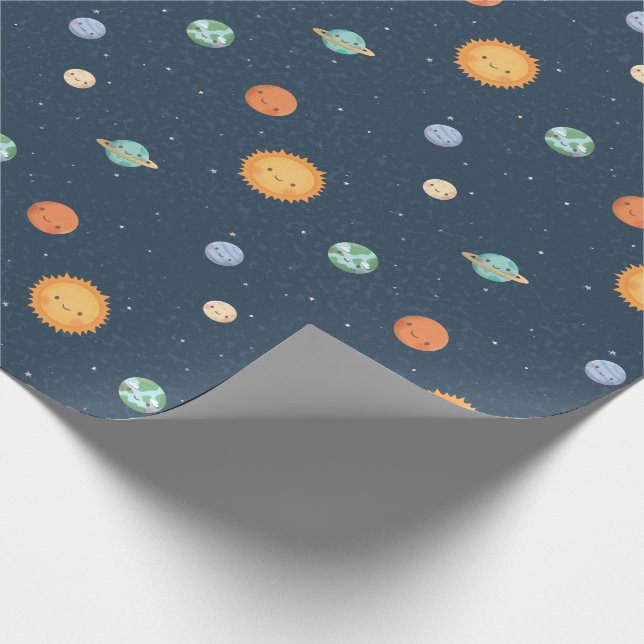 Cheerful Sun and Planets Space Doodles Pattern Wrapping Paper (Corner)