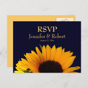 Cheerful Sunflower Navy Blue Wedding RSVP Invitation Postcard