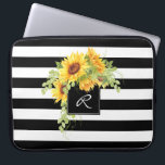 Cheerful Sunflowers and Stripes with Monogram Laptop Sleeve<br><div class="desc">A bouquet of cheerful sunflowers spills over a square frame surrounding your monogram in this stripes and floral design. Colours are black and white with floral bouquet in yellow and green with brown centres. Insert your monogram in place of the sample monogram shown in the design template.</div>