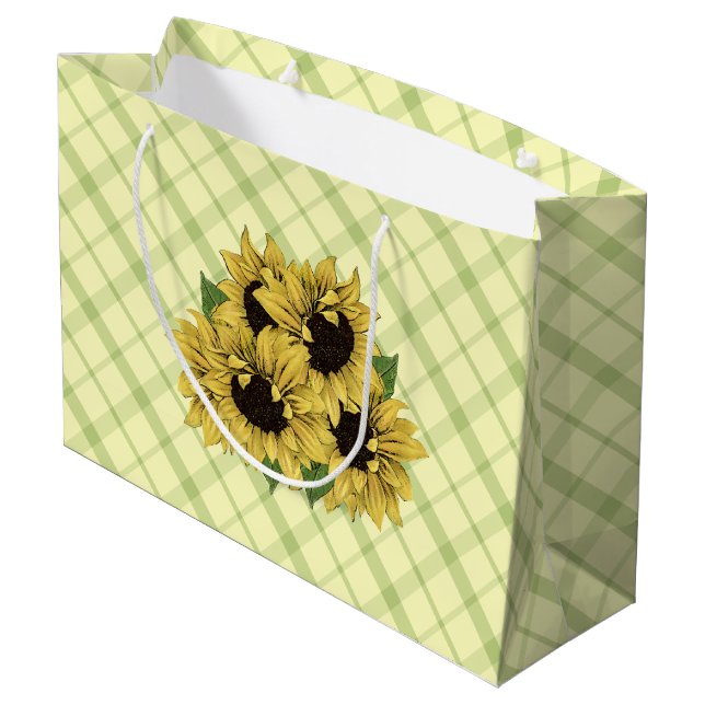 Cheerful Sunflowers Gift Bag on Plaid (Back Angled)