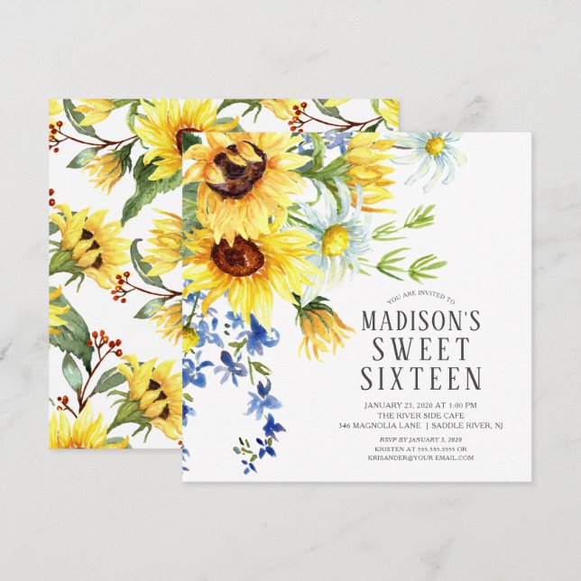 Cheerful Sunflowers Sweet Sixteen Birthday Party I Invitation (Front/Back)