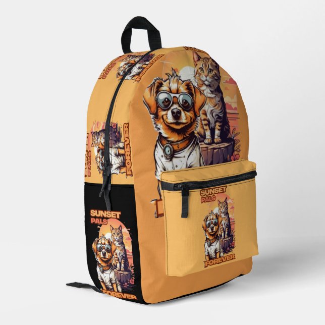 Cheerful Sunset Animal Art Scene Printed Backpack (Back Corner Left)