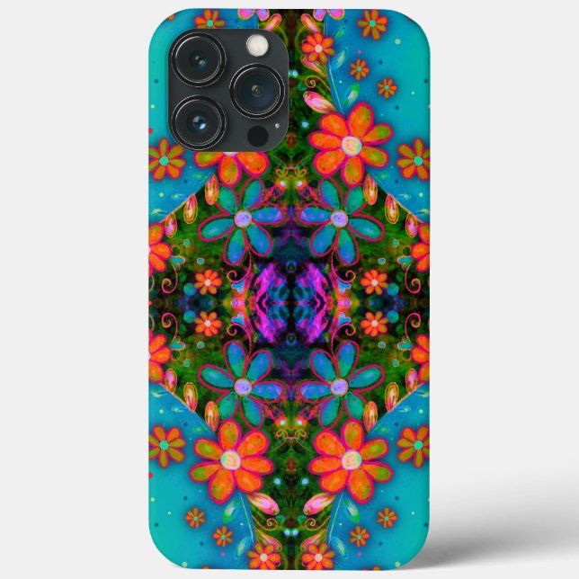 Cheerful Teal Floral Pattern Whimsical Boho Cute Case-Mate iPhone Case (Back)