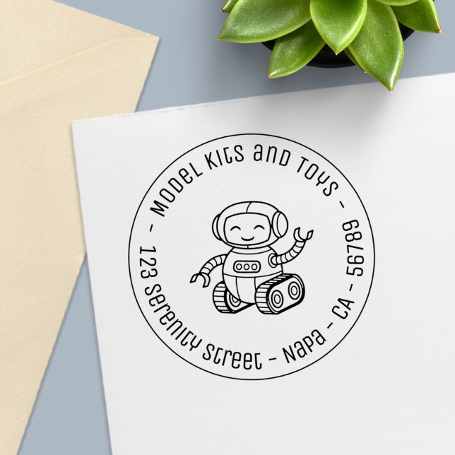 Cheerful Toy Robot Business Round Address Self-inking Stamp (Creator Uploaded)
