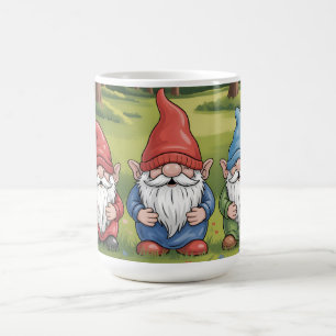 Cheerful Trio of Cartoon Gnomes in Sunny Meadow Coffee Mug