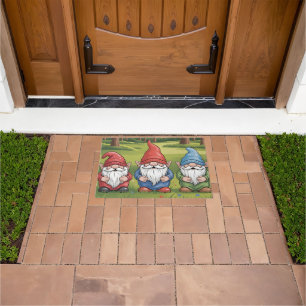 Cheerful Trio of Cartoon Gnomes in Sunny Meadow Doormat