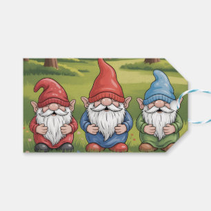 Cheerful Trio of Cartoon Gnomes in Sunny Meadow Gift Tags