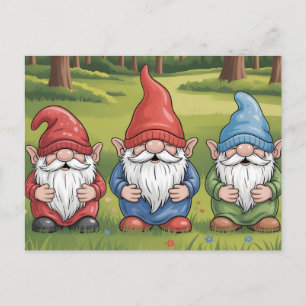 Cheerful Trio of Cartoon Gnomes in Sunny Meadow Holiday Postcard
