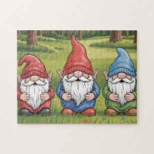 Cheerful Trio of Cartoon Gnomes in Sunny Meadow Jigsaw Puzzle