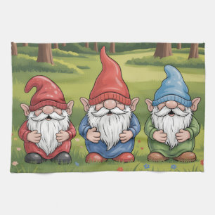 Cheerful Trio of Cartoon Gnomes in Sunny Meadow Kitchen Towel