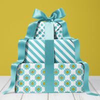 Cheerful Turquoise Daisy Floral Stripes Polka Dot