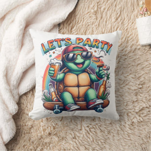 Cheerful turtle skateboarding at a vibrant party throw pillow