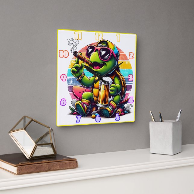 Cheerful turtle toasting at sunset square wall clock (Office)