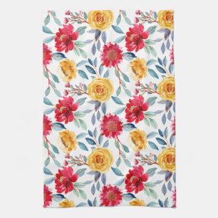 Cheerful Watercolor Floral Pattern in Yellow Rose Kitchen Towel