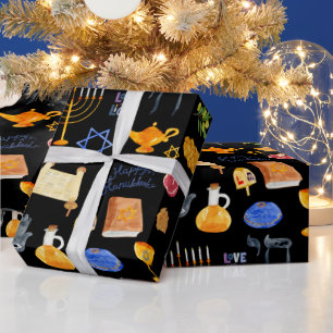 Cheerful Watercolor Hanukkah Illustrations Pattern Wrapping Paper