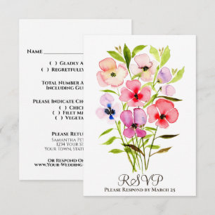 Cheerful Watercolor Pansies & Wildflowers Wedding RSVP Card