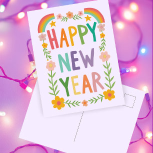 Cheerful Whimsical HAPPY NEW YEAR Handlettering  Postcard