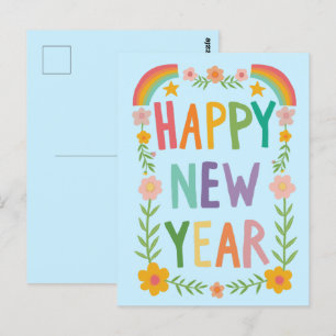 Cheerful Whimsical HAPPY NEW YEAR Handlettering  Postcard