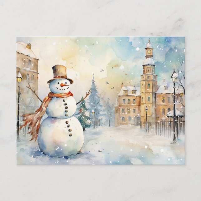 Cheerful Whimsical Snowman in a Snowy Village Postcard (Front)