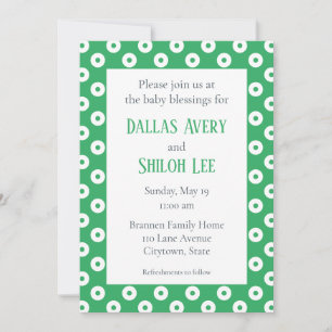 Cheerful Whimsy Green Polka-Dot Twin Baby Blessing Invitation