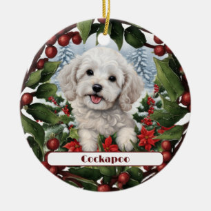 Cheerful White Cockapoo Puppy Custom Christmas  Ceramic Ornament