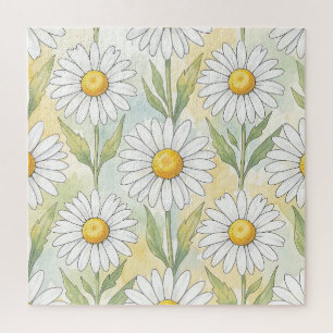 Cheerful White Daisy Floral Pattern Jigsaw Puzzle