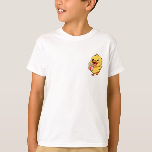Cheerful Winking Duckling Holding Popcorn Bucket T-Shirt (Front)