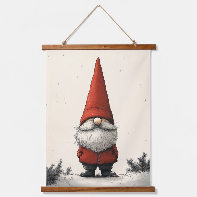 Cheerful Winter Gnome in Red Hat Hanging Tapestry (Front)