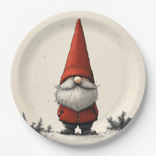 Cheerful Winter Gnome in Red Hat Paper Plate (Front)