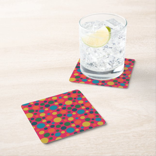 Cheerful yellow and orange on pink polka dots paper coaster (Insitu)