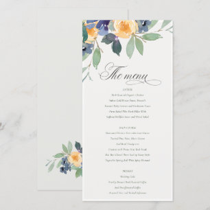 Cheerful Yellow Blue Floral Wedding Menu Card