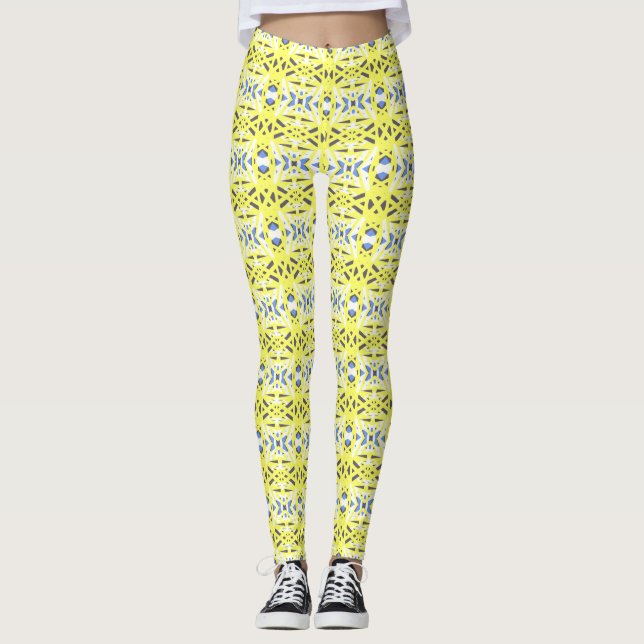 Cheerful Yellow Blue Gray Geometric Pattern Gym Leggings (Front)