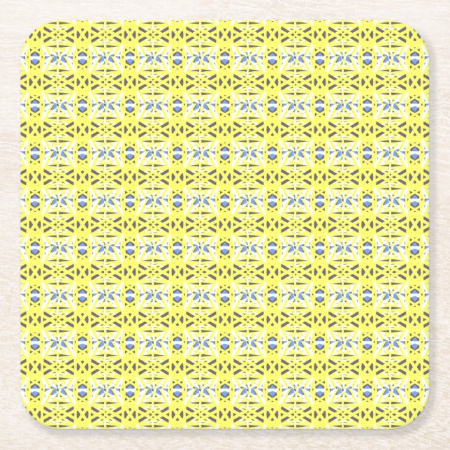 Cheerful Yellow Blue Gray Vibrant Geometric Deco Square Paper Coaster (Front)