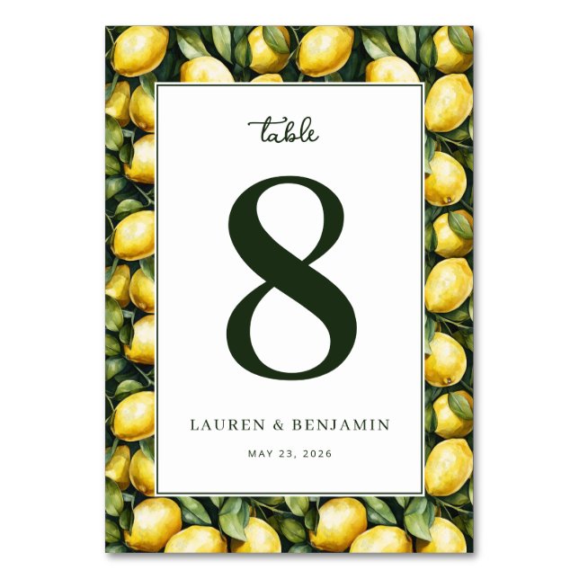 Cheerful Yellow Lemon Illustration Border Table Number (Front)